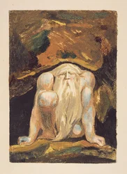 A naked man with a long beard kneeling with one knee raised and both hands on the ground, plate 8 from 